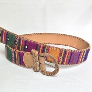 Omega Tapestry Leather Cotton Belt Woven Striped Multicolor Vintage 90s Small
